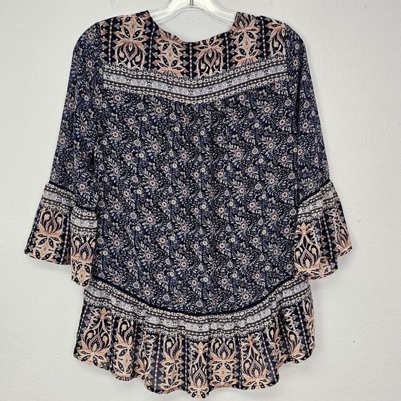 Knox Rose Boho Tunic Chiffon Blue Floral Tie Front Sz S Boho Cottagecore Country - Picture 7 of 10